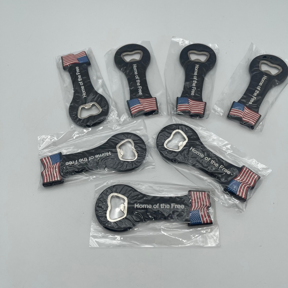 Lot of 7 Patriotic American Flag‎ Magnetic Bottle Openers Home of the Free Black